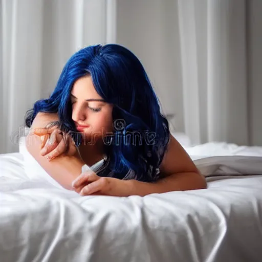 Prompt: young woman with cinnamon colored skin and dark blue hair on her phone under the white sheets on her white bed, masterpiece , Corporate Memphis , award winning. Post-processing