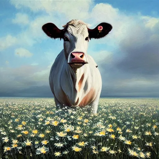 Image similar to Hyper realistic oil painting of a cow standing in the middle of a field of daisies, blue sky, high contrast, by greg rutkowski, trending on artstation