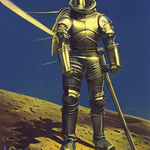 Image similar to crusader knight in armor standing on the moon, vintage sci - fi art, by bruce pennington