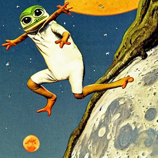 Image similar to pepe the frog landing on the moon by norman rockwell