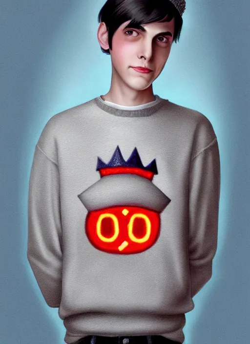 Image similar to portrait of teenage jughead jones wearing a light grey crown, photorealistic, crown, sweater with letter s on it, hamburger, eyes closed, crown, black hair, intricate, elegant, glowing lights, highly detailed, digital painting, artstation, concept art, smooth, sharp focus, illustration, art by wlop, mars ravelo and greg rutkowski