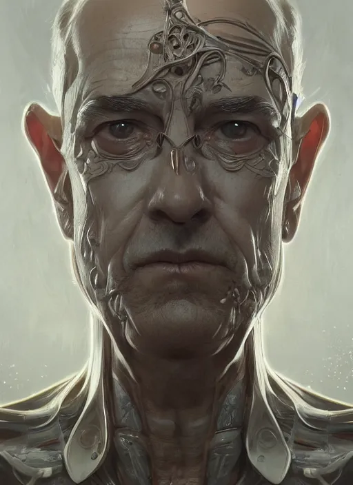 Prompt: champion splashart of symmetry!! old man, machine parts embedded into face, intricate, elegant, highly detailed, digital painting, artstation, concept art, smooth, sharp focus, illustration, art by artgerm and greg rutkowski and alphonse mucha, 8 k