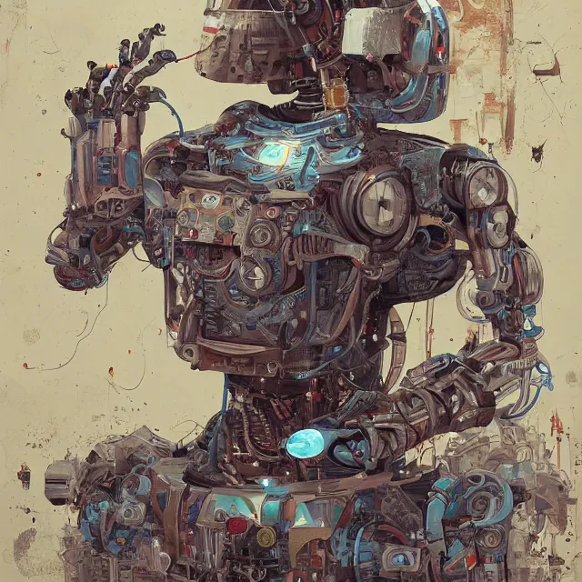 Image similar to robot artist painting a self - portrait on a canvas. intricate, highly detailed, digital matte painting, in the style of alexandros pyromallis, and in the style of sachin teng, and in the style of hans thoma, and in the style of simon bisley. irony, recursion, inspiration.