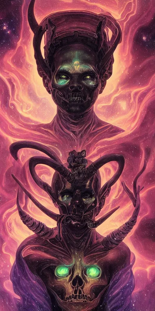 Image similar to intense glowing egyptian god with horns and intense black eyes with a skull on fire in very dark cosmic nebula by artgerm and beksinski and alphonse mucha, portrait, fantasy, clear, light beams, lens flare, intense, uhd, amazing depth, cinematic lighting, black and purple and shining gold
