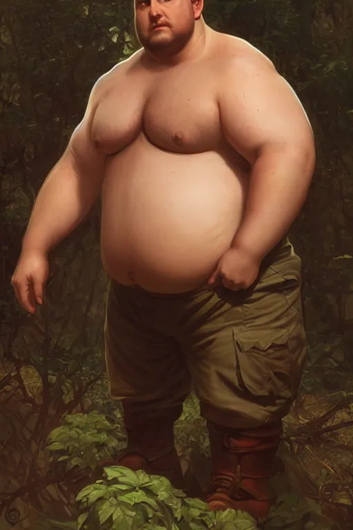 Prompt: portrait of chris redfield as a pathetically weak chubby man, forest, full body, obese, fantasy, intricate, elegant, highly detailed, digital painting, artstation, concept art, sharp focus, illustration, art by artgerm and greg rutkowski and alphonse mucha