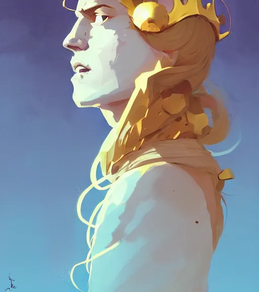 Image similar to portrait of beautiful warrior with golden hair, sun, crown, by atey ghailan, by greg rutkowski, by greg tocchini, by james gilleard, by joe fenton, by kaethe butcher, dynamic lighting, gradient light blue, brown, blonde cream and white color scheme, grunge aesthetic