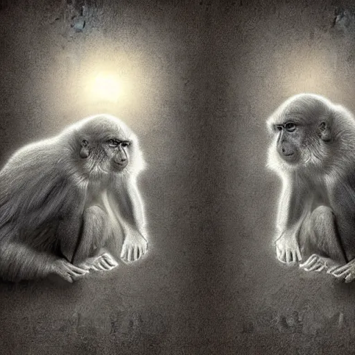 Prompt: two macaques looking at each other inside victorian mansion, digital art, soft shadows, creepy art, sun flare