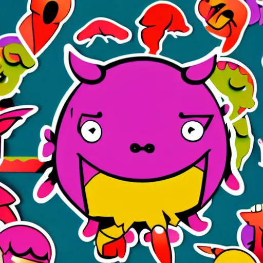 Prompt: sticker illustration of a cute monster. bright colors. bold outlines.