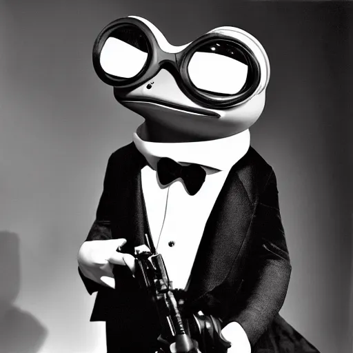 Prompt: portrait of Pepe the Frog as James Bond, photography by Cecil Beaton, Hollywood style lighting, black and white, photorealistic