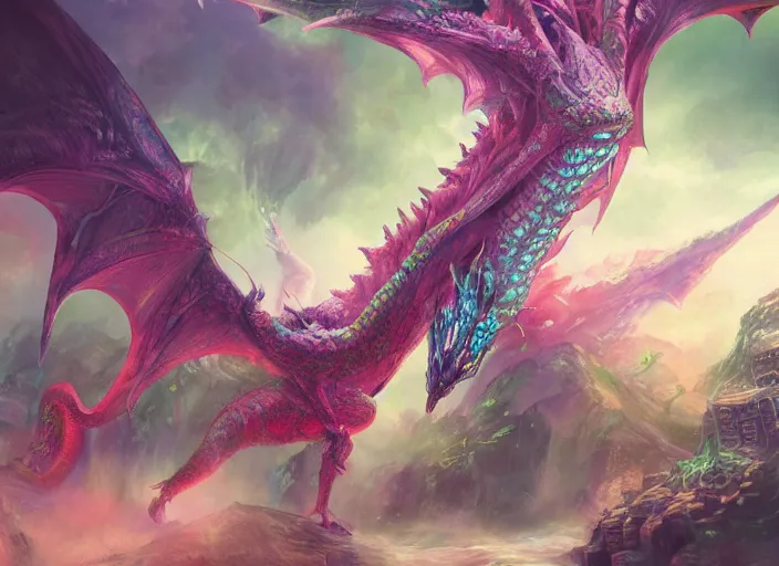 Prompt: detailed concept art illustration colorful pastel painting of a fantasy dragon in full intricate detail, ultra detailed, digital art, octane render, 4K, dystopian, micro details