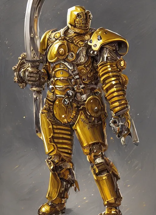 Image similar to dynamic portrait of a intricate mechanical warforged character in yellow armor holding a paladin engraved longsword and carrying a big shield, epic , trending on ArtStation, cinematic lighting, by Jesper Ejsing