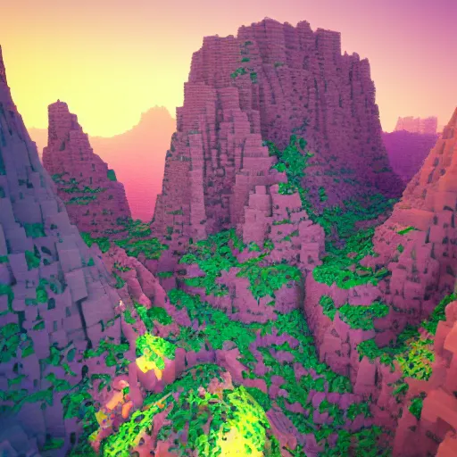 Image similar to canyon made from voxels, microcubes, made of translucent opal, pastel colors, substance painter 3D, 8K VFX render