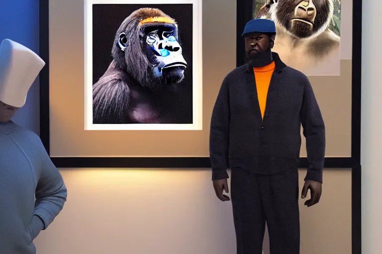 Image similar to Gorilla standing beside a framed illustration of a vividly colored portrait of a man wearing a turtleneck and an admiral’s hat, hyperrealistic, concept art, 8k, artstation, cinematic, volumetric lighting