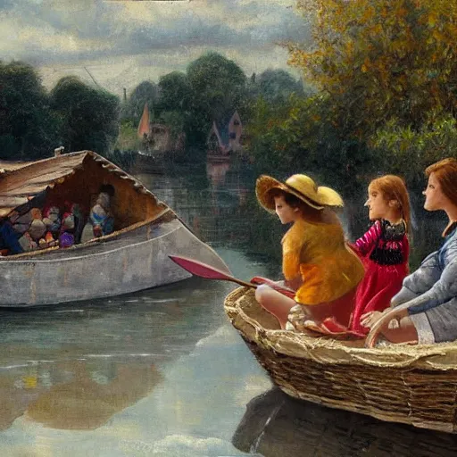 Image similar to The street art depicts a group of well-dressed women and children enjoying a leisurely boat ride on a calm day. The women are chatting and laughing while the children play with a toy boat in the foreground. figurativism by Daniel Ridgway Knights, by John Hejduk mournful