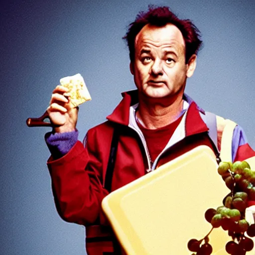 Prompt: film still of bill murray as Peter venkman, setting out a cheese and wine platter