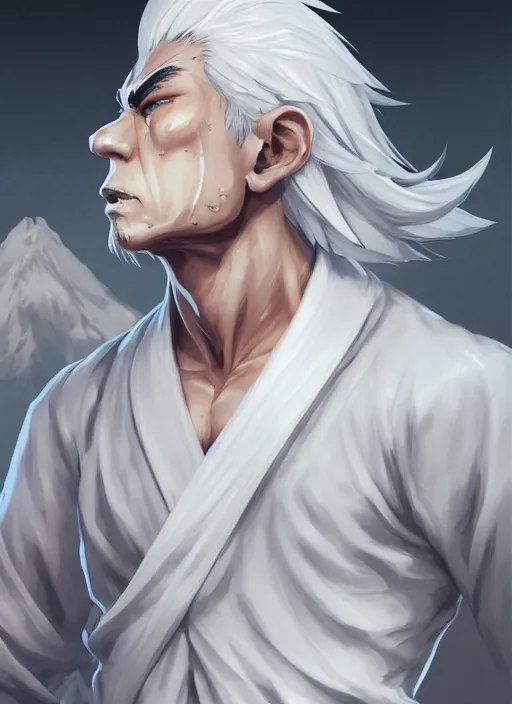 Image similar to a highly detailed illustration of fierce white haired attractive young japanese man wearing white hakama, black eyes, dramatic serious pose, muscular, intricate, elegant, highly detailed, centered, digital painting, artstation, concept art, smooth, sharp focus, league of legends concept art, wlop