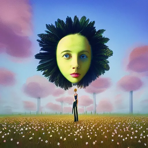 Image similar to giant daisy flower head, frontal, girl in a suit, surreal photography, sunrise, dramatic light, impressionist painting, digital painting, artstation, simon stalenhag