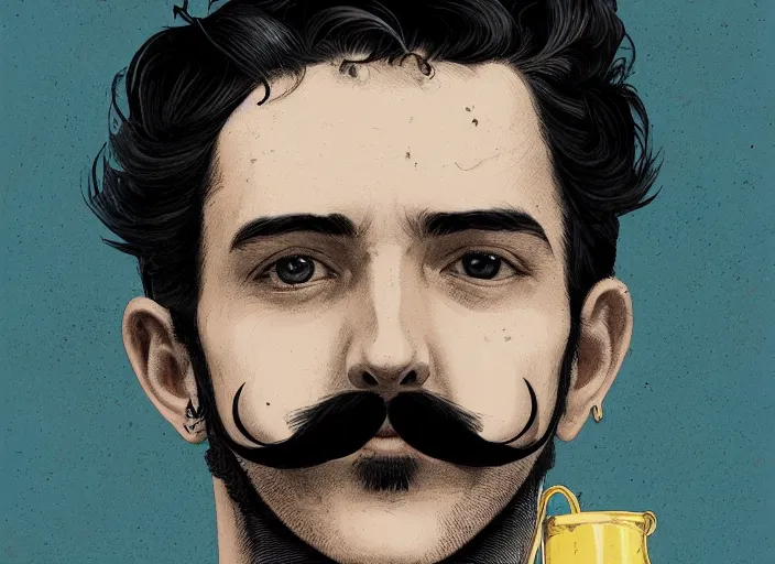 Image similar to portrait of a victorian man with a handlebar moustache, male, detailed face, victorian by ghailan, james gilleard, by joe fenton, by greg rutkowski, by greg tocchini, by kaethe butcher, 4 k resolution, gradient yellow, black, brown and cyan color scheme, grunge aesthetic!!!