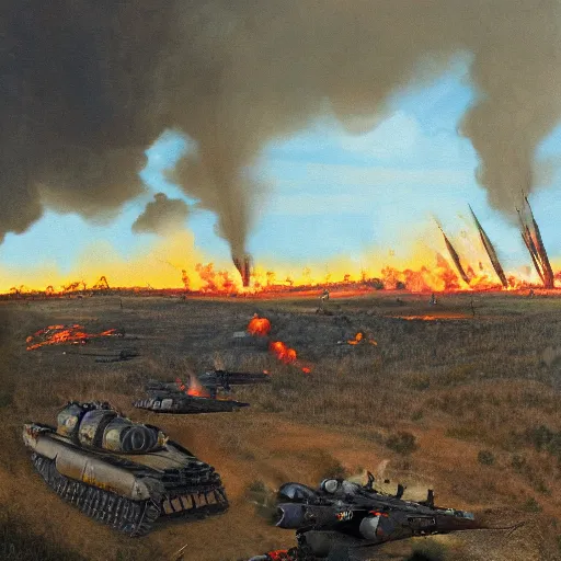 Prompt: Military battle, big explosions in the background, Lake California, Battlefield, war-torn landscape, fire, USAF Bombers, military, Battlezone