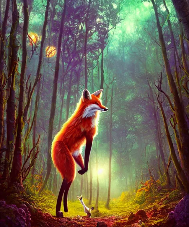 Image similar to a single realistic fox, walking through a psychedelic forest, wide angle landscape shot, pixar style by tristan eaton, artgerm and tom bagshaw