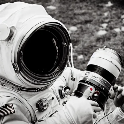 Prompt: an astronaut using a vintage camera taking a photo of a beer keg