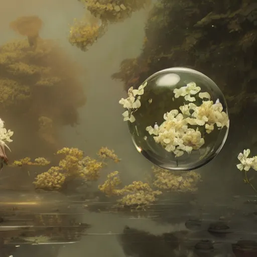 Image similar to Concept art, Jasmine flowers in shiny bubbles, 8k, james gurney, greg rutkowski, john howe, artstation