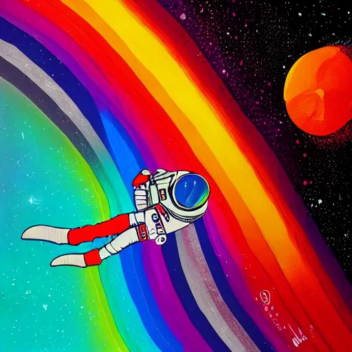 Prompt: space astronaut floating of away from the earth, complex wavy rainbow lines, particals and distortion, in the style of Ori Toor