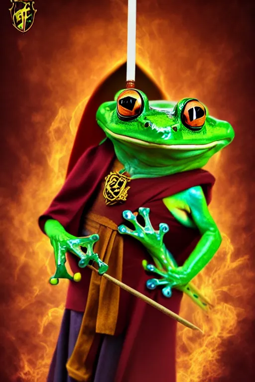 Prompt: frog mage in a gryffindor form with a magic wand, in hogwarts, high details, volume light, best composition, 4 k