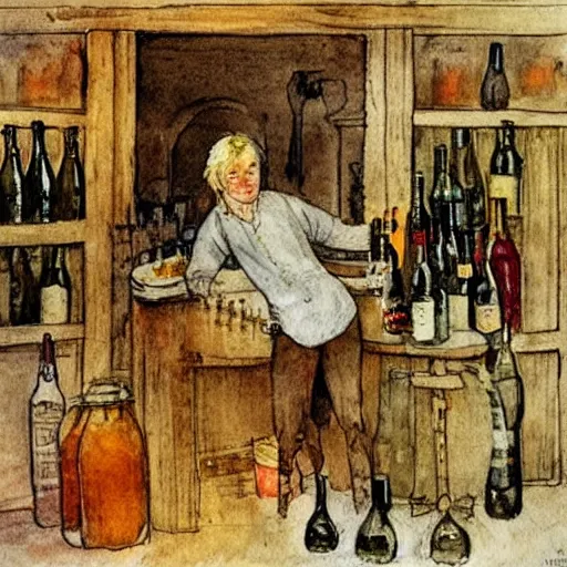 Prompt: hot blonde working in a wine cellar, food, pork, beer, schnapps, rustic, traditional, torches on the wall, watercolor by carl larsson