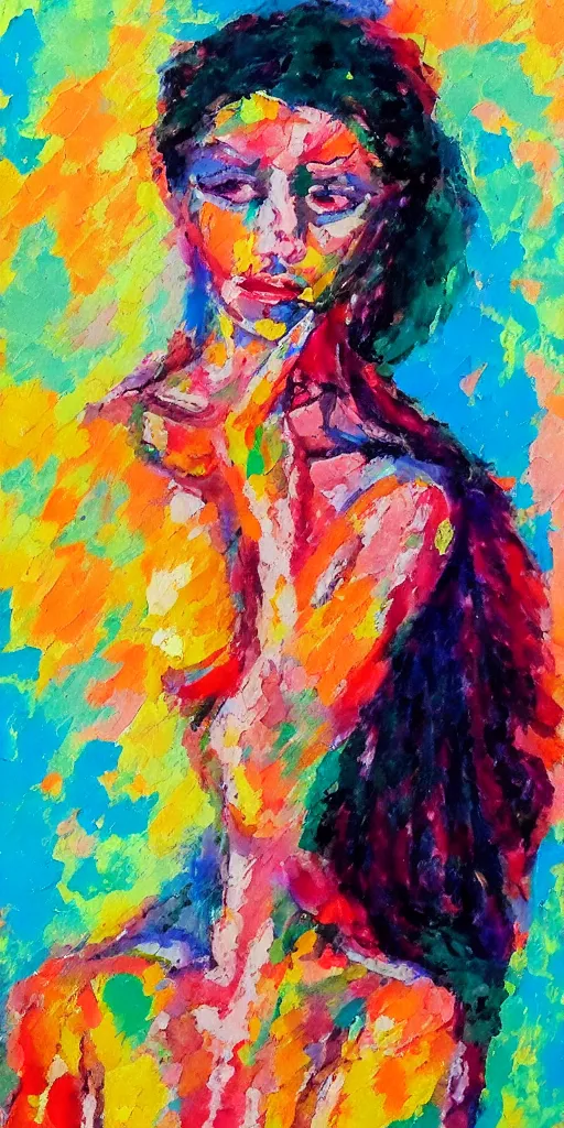 Image similar to portrait of beautiful woman painted with colorful gouache impasto