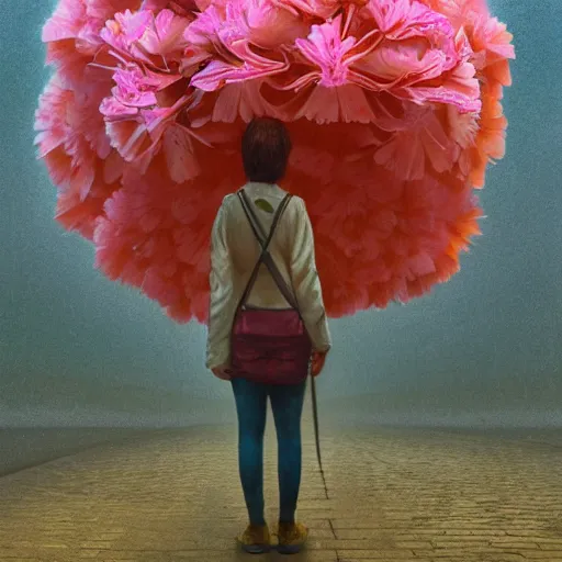 Image similar to giant carnation flower head, woman standing in metro station, surreal photography, dramatic light, impressionist painting, digital painting, artstation, simon stalenhag