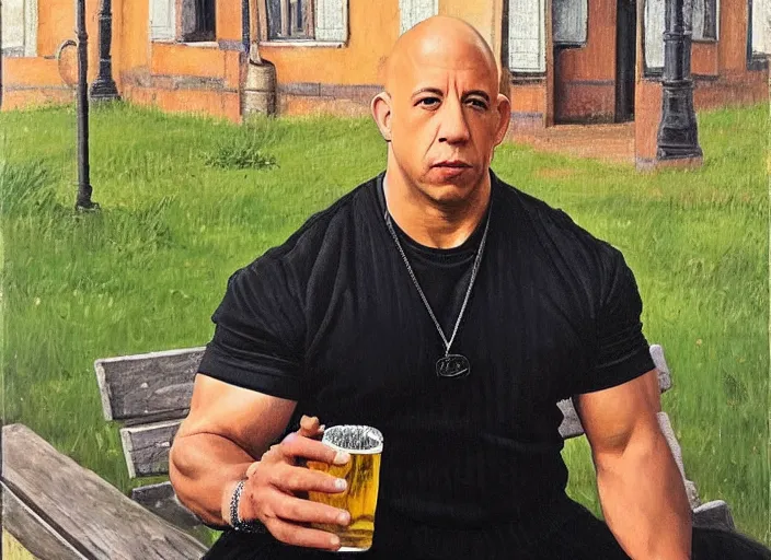 Prompt: vin diesel in black adidas sport costume, as gopnik character, sitting on a bench, holding beer bottle, symmetry!!!, in the courtyard of a provincial russian town, intricate, oil on canvas, naturalism