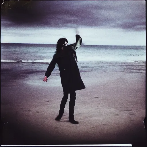 Prompt: 9 0 s polaroid photograph of norman reedus wearing a trenchcoat at night, dancing on a beach during cloudy weather, vignette