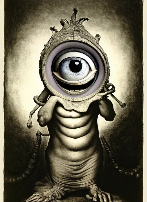 Image similar to photograph of mike wazowski by hieronymus bosch, joel peter witkin, misha gordin, gustave dore, matte painting