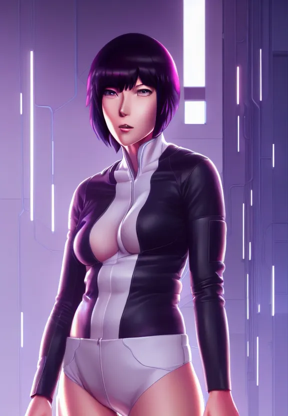 Image similar to a fullbody portrait of motoko kusanagi the major ghost in the shell : : connected to cables, under repairs, maintenance area, technicians : : by ilya kuvshinov, rossdraws, artgerm, sola digital arts, anti aliasing, raytracing : :