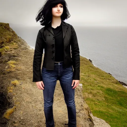 Image similar to 1 7 - year - old pale - skinned persian girl with black long bob cut, black gothic jacket, blue jeans, psychic girl, psychokinetic girl, standing on cliff along the irish coast, overcast gray skies, ultra - realistic, sharp details, subsurface scattering, intricate details, art by william - adolphe bouguereau