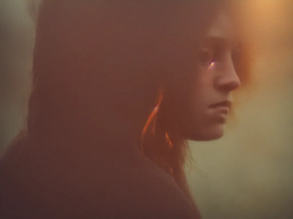 Image similar to close up portrait bust of woman, next to wood fence, tired expression, faded color film, russian cinema, tarkovsky, technicolor, heavy forest, wood cabin in distance, shallow depth of field, long brown hair, old clothing, heavy fog, atmospheric haze, brown color palette, sunset, low light, hudson river school, 4 k, dramatic lighting
