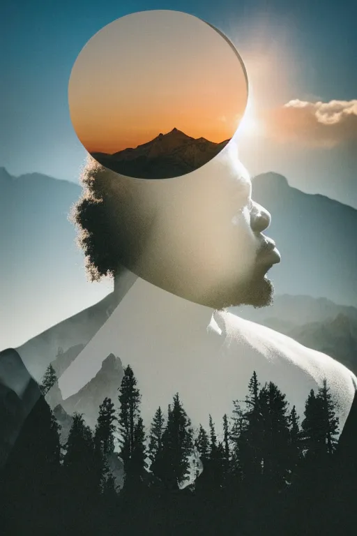 Prompt: double exposure black man with long curly hair mountain meadow sunrise