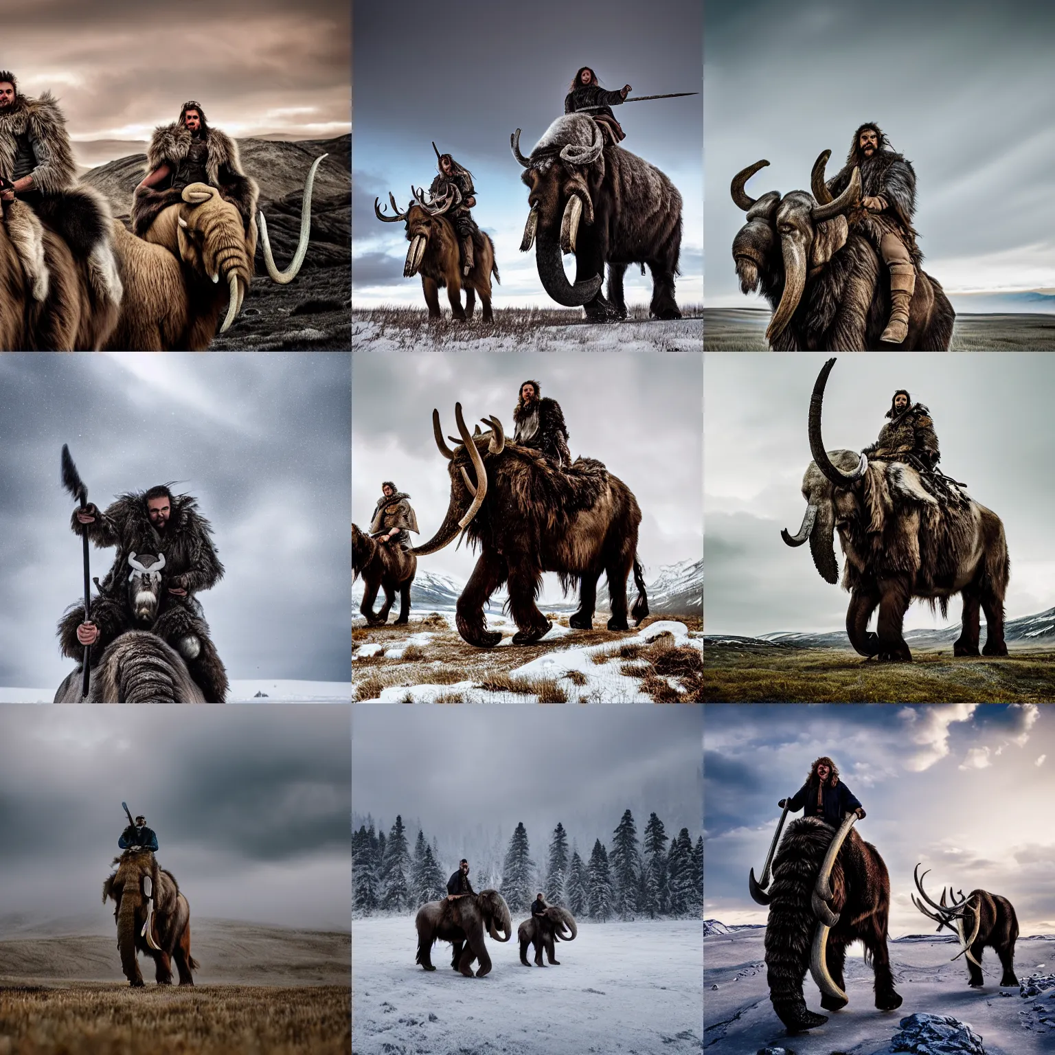 Prompt: Mythological Hyperborean warriors riding mammoth in the tundra, epic lighting, taken with Sony a7R camera, EOS-1D, f/1.4, ISO 200, 1/160s, 8K, RAW, unedited, symmetrical balance, in-frame