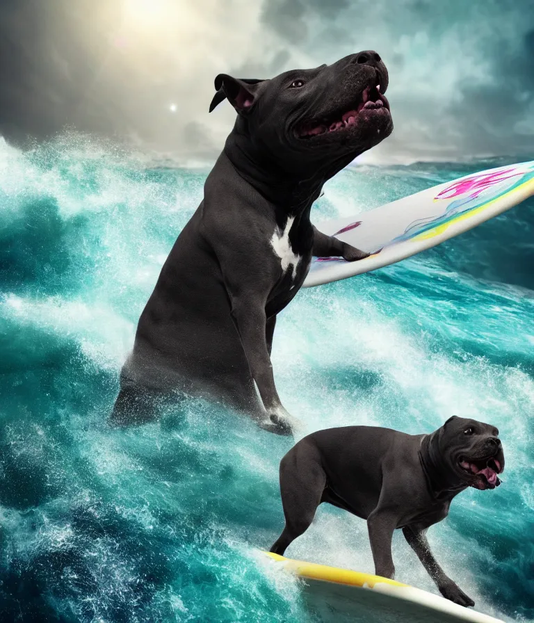 Prompt: photo of a dark gray coat pit bull with a white paws and a white nose!, surfing on a surfboard in a crashing wave of alien galaxy, trending on art station, ocean in space, background is an alien galaxy, aliens in the background, alien colors, octane render, unreal engine, wide view, 8 k, highly detailed