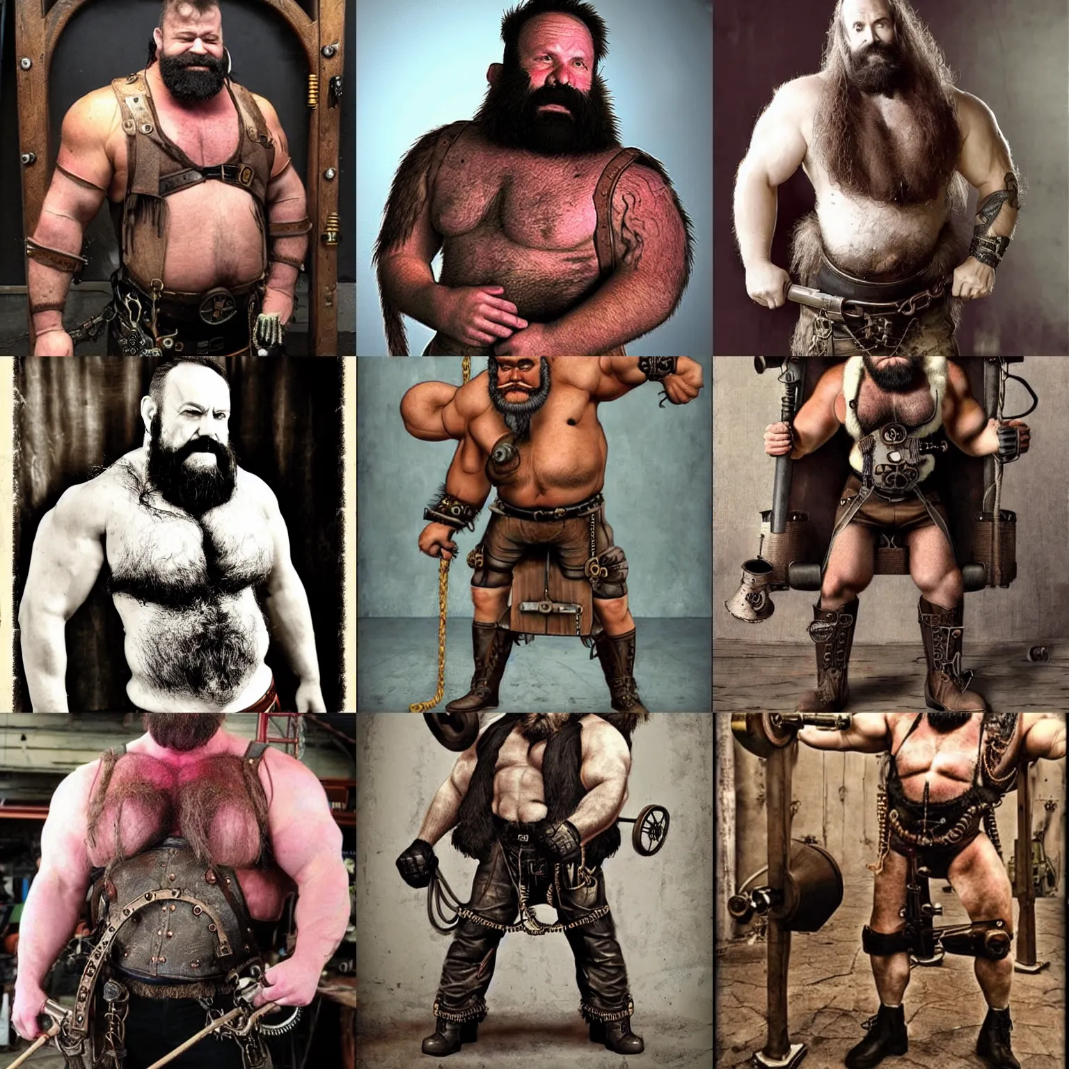 Prompt: steampunk hairy strongman