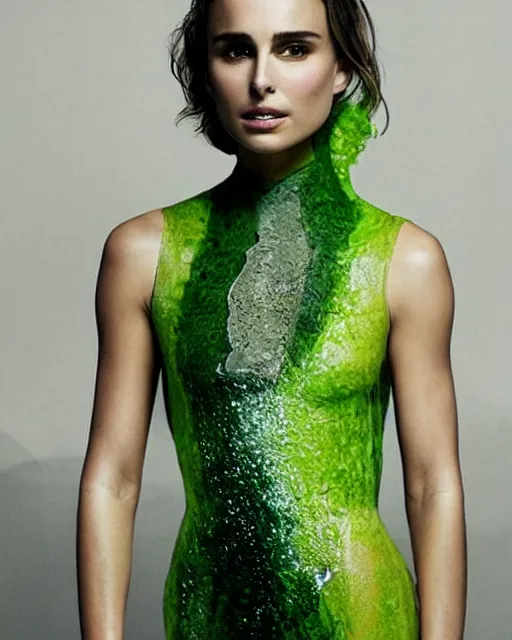 Image similar to nathalie portman at the new york fashion week, wearing an outfit made from nickelodeon slime, photo by greg rutkowski, soft lighting, female beauty, intricate detail, elegance, sharp shapes, masterpiece