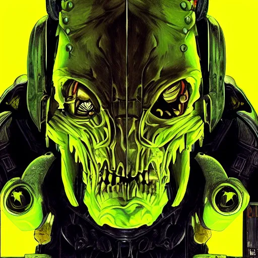 Image similar to pixiv, gruesome, sci - fi, polychaeta, undead cyborg head, doom, newt, yellow, green