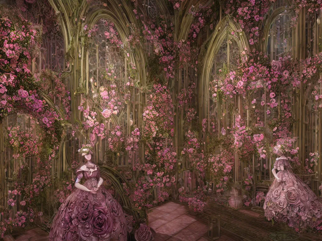 Image similar to the beautiful hyperdetailed physical rendering of rose flower wedding gothic lolita dress clothing design display in stay in bloom,, perfectly shaded, atmospheric lighting, in the style of louis comfort tiffany, makoto shinkai, raphael lacoste louis comfort tiffany, artgerm, karol bak, james jean, ross tran, 8 k hd, fine texture structure, 3 drender,