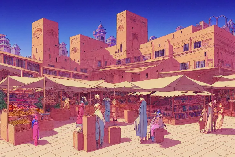 Image similar to cel-shaded study of a marketplace in a desert city with late renaissance buildings in the background, key visual with intricate linework, in the style of moebius, ayami kojima, 90's anime, retro fantasy