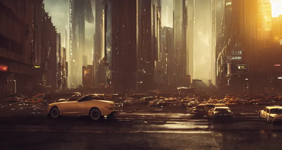 Prompt: An epic, distopian cityscape with many cars in the style of bladerunner with a blond man in a suit in the center and another man in a Trenchcoat talking to hin in secret, unreal 5, DAZ, hyperrealistic, octane render, volumetric clouds, dynamic lighting