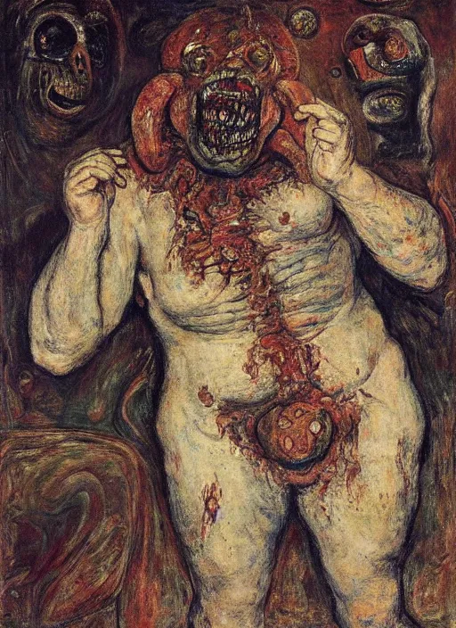 Prompt: a teratoma exploding in the middle of a museum room realizing that he has consciousness painted by james ensor goya and giorgio de chirico