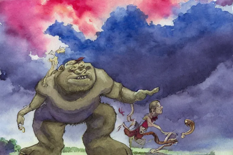 Prompt: giant ogre eating clouds, watercolor kid book illustration