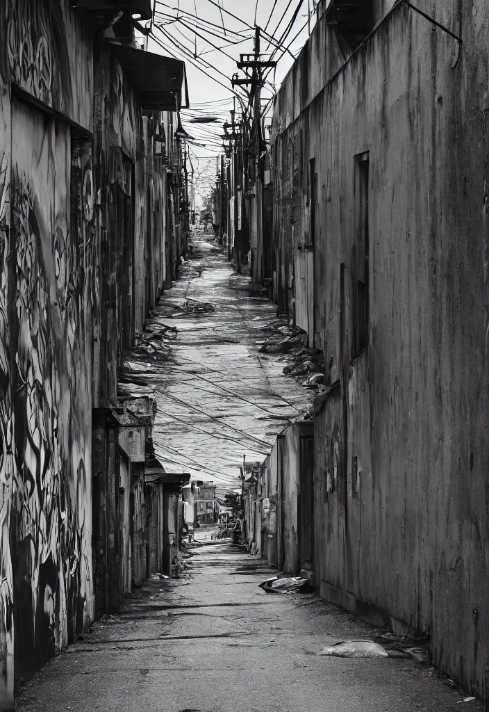 Image similar to looking down a claustrophobic urban alley with dumpsters graffiti and power lines in east vancouver in the style of thomas cole, alphonse mucha, brutalism, hi res, unreal engine, 8 k, ultra - realistic, gritty, 1 0 0 mm, tri - x 4 0 0