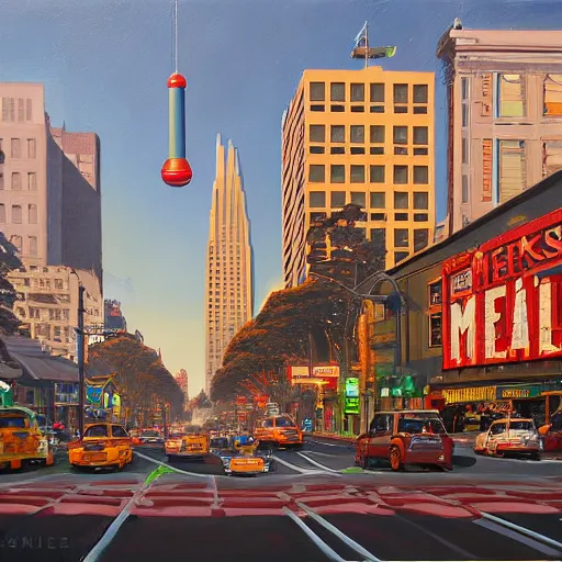 Image similar to Market Street, San Francisco; oil on canvas by Klaus Bürgle and Imperial Boy and Simon Stålenhag; Redwood covered natural city future dream world-H 740